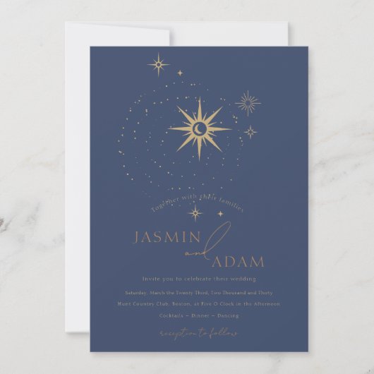 Celestial Gold en Navy Blue Sterren Bruiloft Kaart (Voorkant)