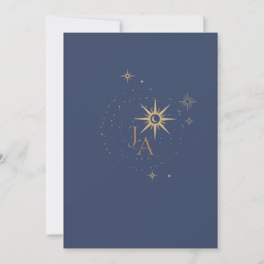 Celestial Gold en Navy Blue Sterren Bruiloft Kaart (Achterkant)