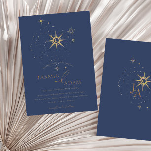 Celestial Gold en Navy Blue Sterren Bruiloft Kaart