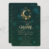 Celestial Gold Floral Moon Stars Wedding Green Kaart (Voorkant / Achterkant)