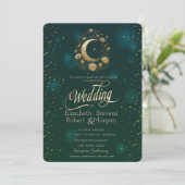 Celestial Gold Floral Moon Stars Wedding Green Kaart (Staand voorkant)