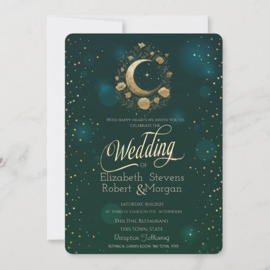 Celestial Gold Floral Moon Stars Wedding Green Kaart (Voorkant)