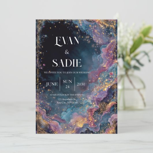 Celestial Gold Galaxy huwelijksuitnodiging Kaart (Staand voorkant)