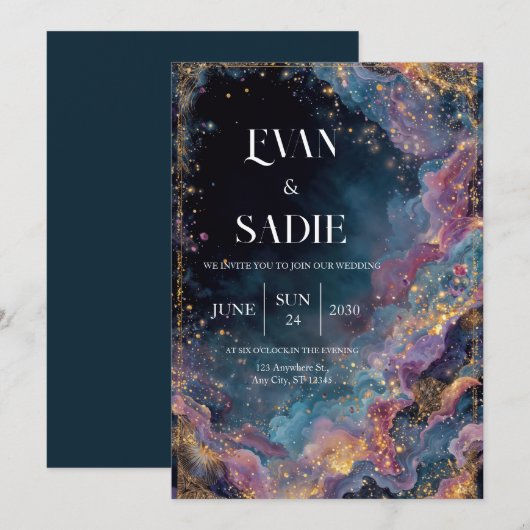 Celestial Gold Galaxy huwelijksuitnodiging Kaart (Voorkant / Achterkant)