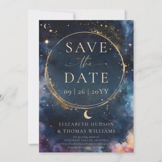 Celestial Gold Midnight Blue Wedding Save the Date (Voorkant)