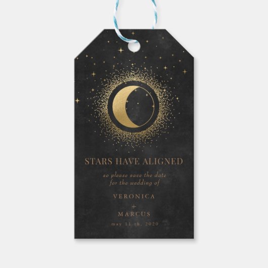 Celestial Gold Moon Save the Date Foto Cadeaulabel (Voorkant)