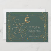 Celestial Gold Moon Stars Frame Green Save The Date (Voorkant)