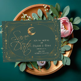 Celestial Gold Moon Stars Frame Green Save The Date