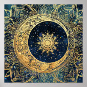 Celestial Gold Moon Sun Mandala Waterverf Nebula Poster (Voorkant)
