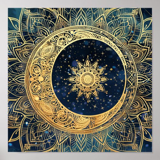 Celestial Gold Moon Sun Mandala Waterverf Nebula Poster (Voorkant)