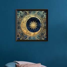 Celestial Gold Moon Sun Mandala Waterverf Nebula Poster