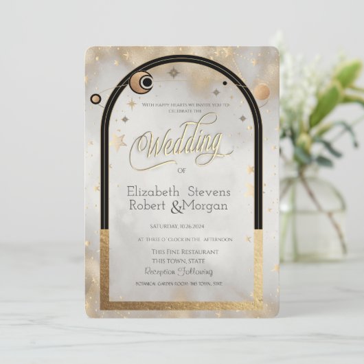 Celestial Gold Star Sun And Moon Galaxy Wedding Kaart (Staand voorkant)