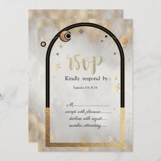 Celestial Gold Star Sun Moon Galaxy RSVP Kaart (Voorkant / Achterkant)