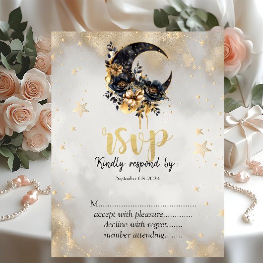 Celestial Gold Stars Bloem Maans RSVP Kaart