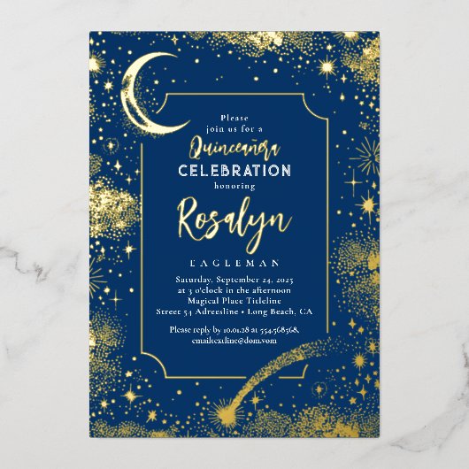 Celestial Gold Stars en Moon Night Quinceanera Folie Uitnodiging (Voorkant)
