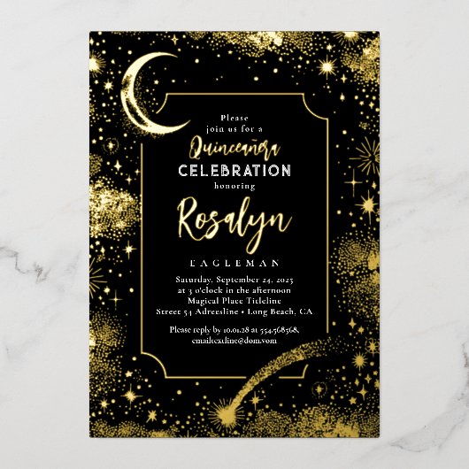 Celestial Gold Stars en Moon Night Quinceanera Folie Uitnodiging (Voorkant)