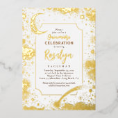Celestial Gold Stars en Moon Night Quinceanera Folie Uitnodiging (Voorkant)
