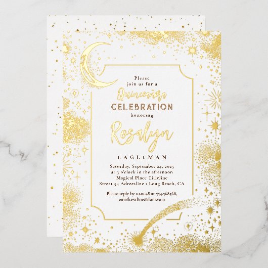 Celestial Gold Stars en Moon Night Quinceanera Folie Uitnodiging (Voorkant / Achterkant)