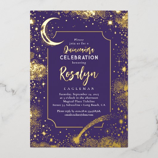 Celestial Gold Stars en Moon Night Quinceanera Folie Uitnodiging (Voorkant)