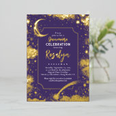 Celestial Gold Stars en Moon Night Quinceanera Folie Uitnodiging (Staand Voorkant)