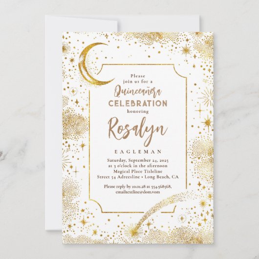 Celestial Gold Stars en Moon Night Quinceanera Kaart (Voorkant)