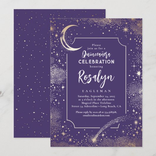 Celestial Gold Stars en Moon Night Quinceanera Kaart (Voorkant / Achterkant)