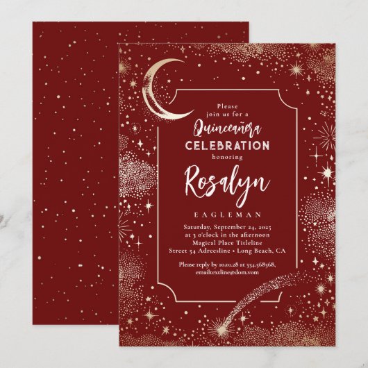 Celestial Gold Stars en Moon Night Quinceanera Kaart (Voorkant / Achterkant)