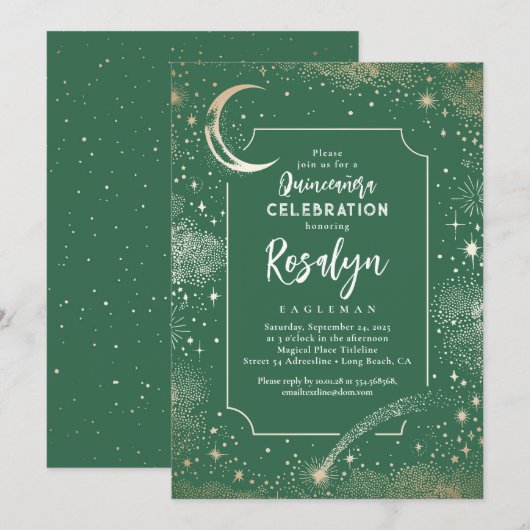 Celestial Gold Stars en Moon Night Quinceanera Kaart (Voorkant / Achterkant)