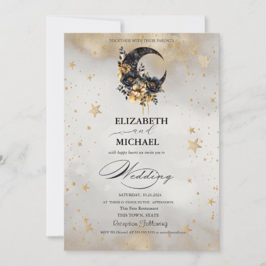 Celestial Gold Stars Floral Moons Script Kaart (Voorkant)