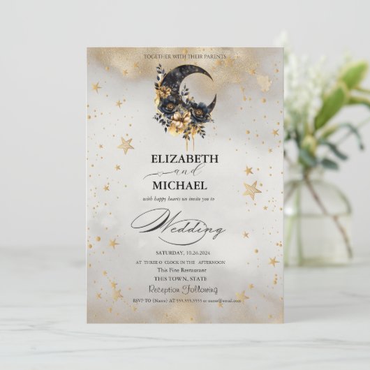 Celestial Gold Stars Floral Moons Script Kaart (Staand voorkant)