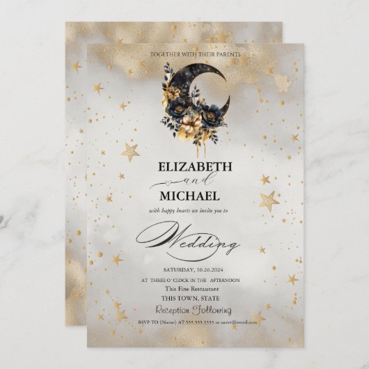 Celestial Gold Stars Floral Moons Script Kaart (Voorkant / Achterkant)