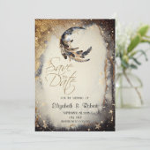 Celestial Gold Stars Moon Feather Save The Date (Staand voorkant)
