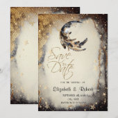 Celestial Gold Stars Moon Feather Save The Date (Voorkant / Achterkant)