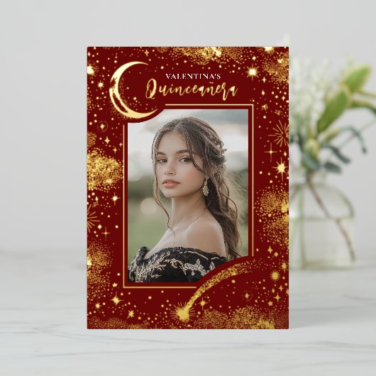 Celestial Gold Stars Moon Night Quinceanera Foto Folie Uitnodiging (Staand Voorkant)