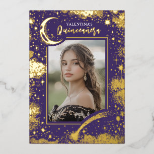 Celestial Gold Stars Moon Night Quinceanera Foto Folie Uitnodiging