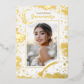 Celestial Gold Stars Moon Night Quinceanera Foto Folie Uitnodiging (Voorkant)