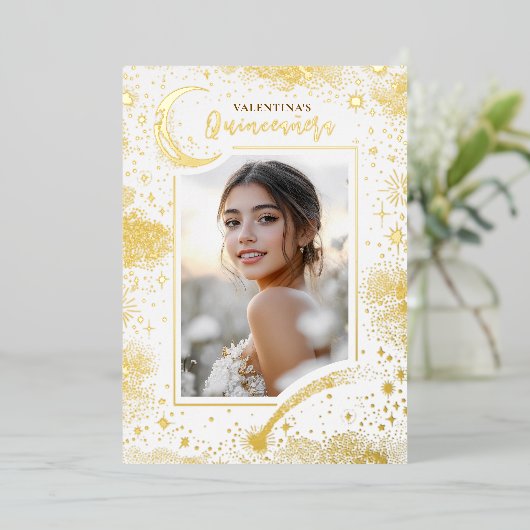 Celestial Gold Stars Moon Night Quinceanera Foto Folie Uitnodiging (Staand Voorkant)