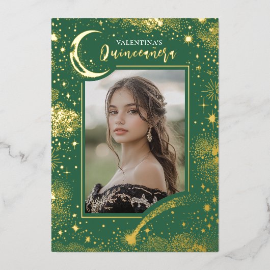Celestial Gold Stars Moon Night Quinceanera Foto Folie Uitnodiging (Voorkant)