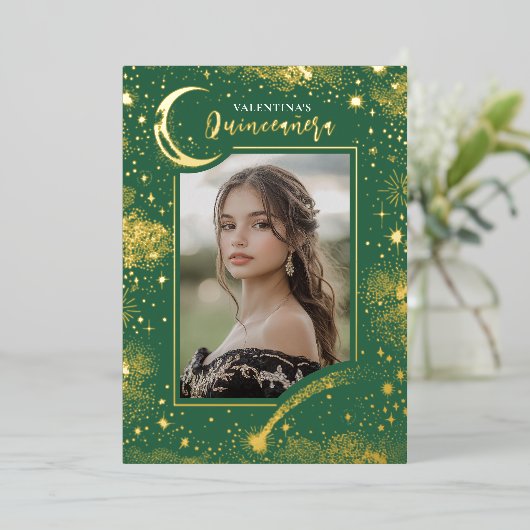 Celestial Gold Stars Moon Night Quinceanera Foto Folie Uitnodiging (Staand Voorkant)