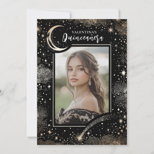 Celestial Gold Stars Moon Night Quinceanera Foto Kaart (Voorkant)