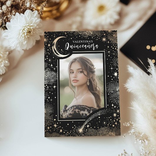 Celestial Gold Stars Moon Night Quinceanera Foto Kaart