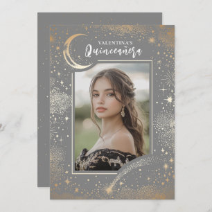 Celestial Gold Stars Moon Night Quinceanera Foto Kaart