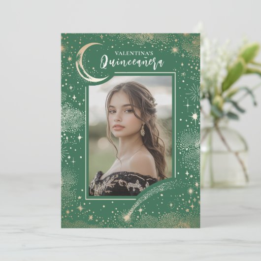 Celestial Gold Stars Moon Night Quinceanera Foto Kaart (Staand voorkant)