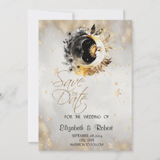 Celestial Gold Stars Moons Bloemen Save The Date (Voorkant)
