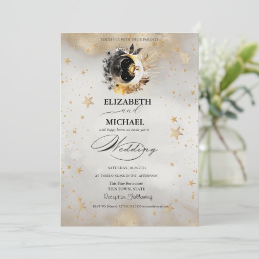 Celestial Gold Stars Moons Bloemen Script Kaart (Staand voorkant)