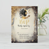 Celestial Gold Stars Moons Donker RSVP Kaart (Staand voorkant)