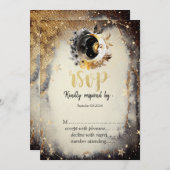 Celestial Gold Stars Moons Donker RSVP Kaart (Voorkant / Achterkant)