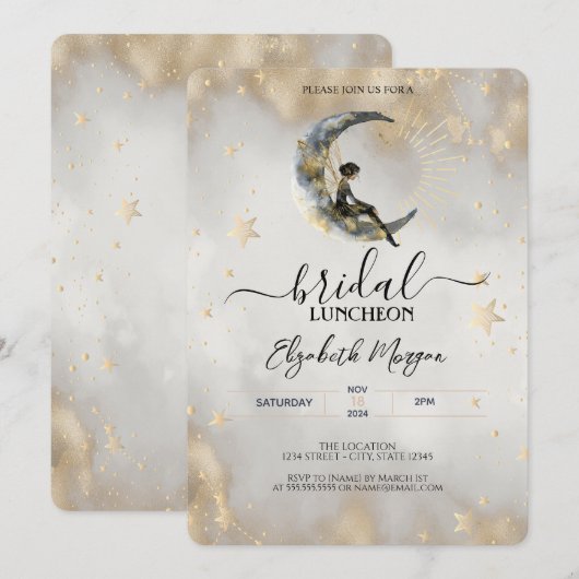 Celestial Gold Stars Moons Meisje Bridal Luncheon Kaart (Voorkant / Achterkant)