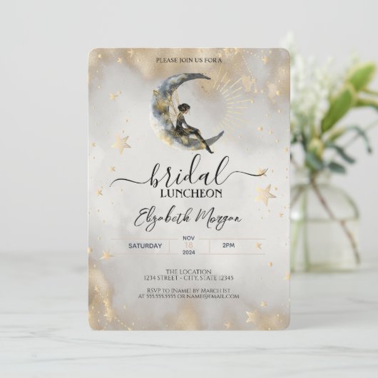 Celestial Gold Stars Moons Meisje Bridal Luncheon Kaart (Staand voorkant)