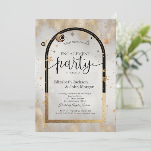 Celestial Gold Sun And Moon Galaxy Engagement Kaart (Staand voorkant)